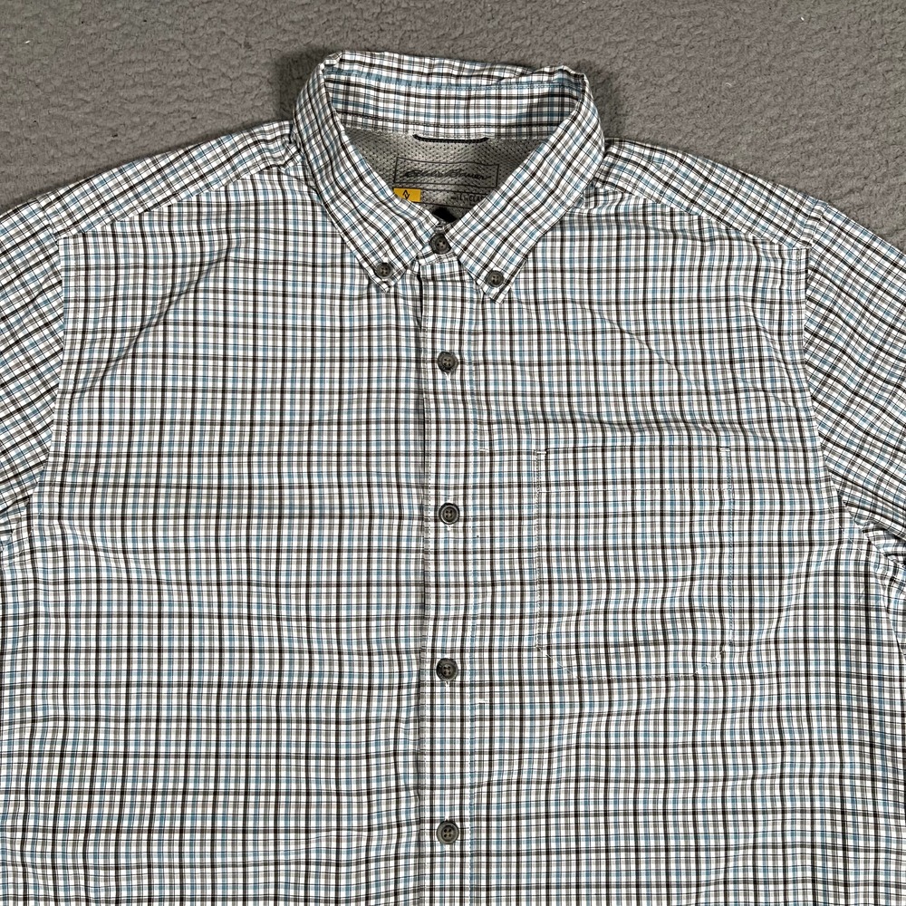 Eddie Bauer Shirt Mens‎ Large Blue Plaid Travex Button Down Outdoor Hiking Logo